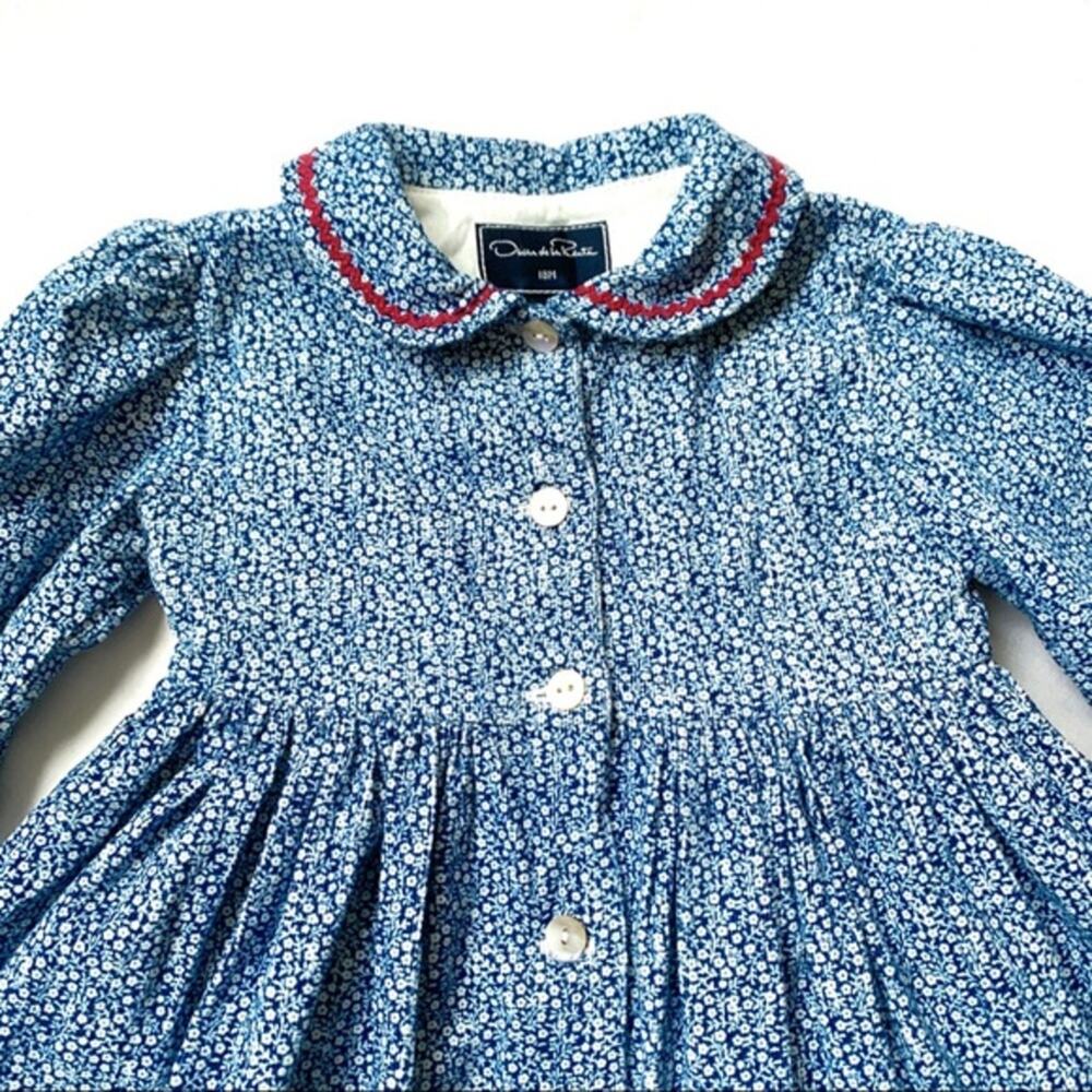 OSCAR DE LA‎ RENTA Girls Corduroy Floral Dress Size 18M Light Blue Red Collard - Picture 5 of 8